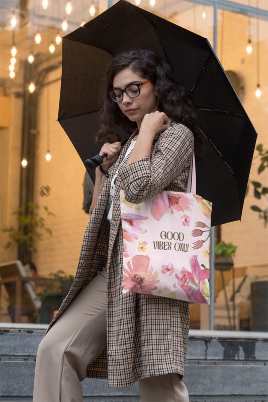 Pink Good Vibes Only Floral Tote Bag