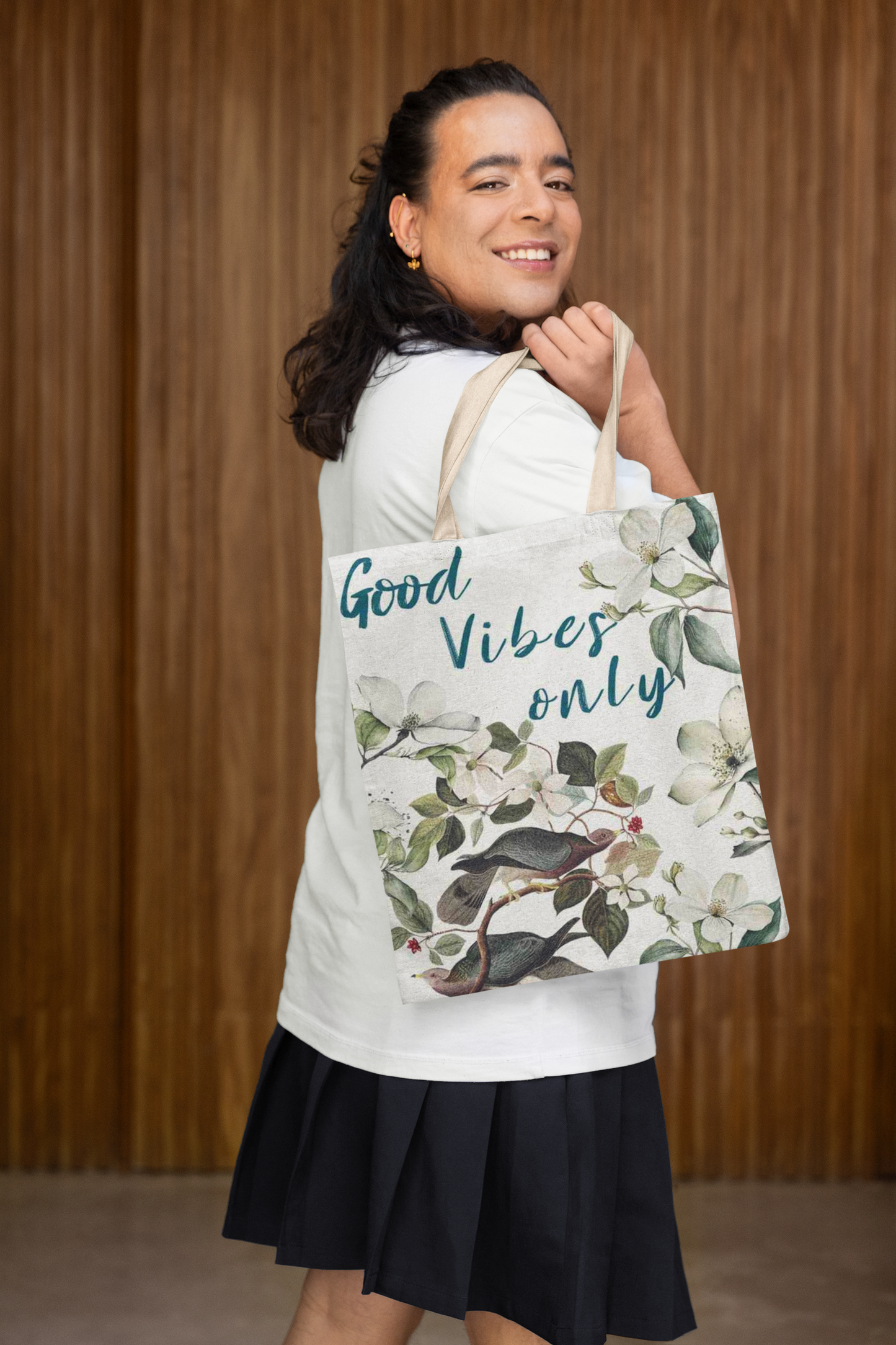Green Good Vibes Only Floral Tote Bag