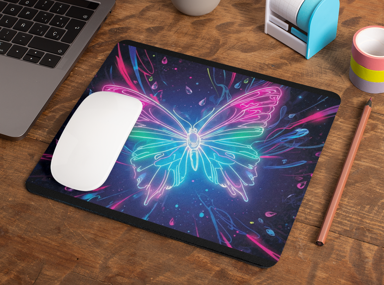 Laptop on a desk with a colorful butterfly mouse pad, white mouse, and stationery items.