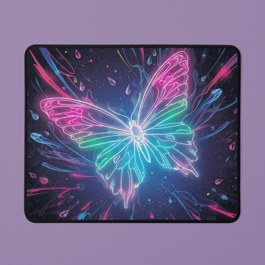Mouse pad with a colorful butterfly design on a purple background