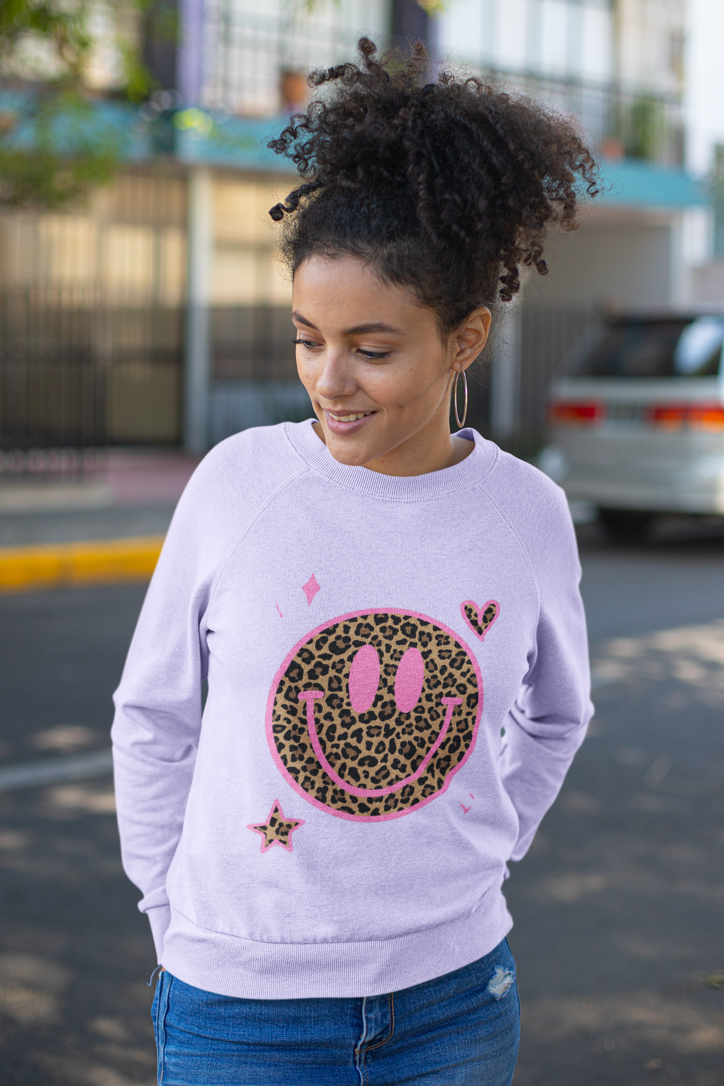 Lavender Leopard Print Smiley Face Sweatshirt